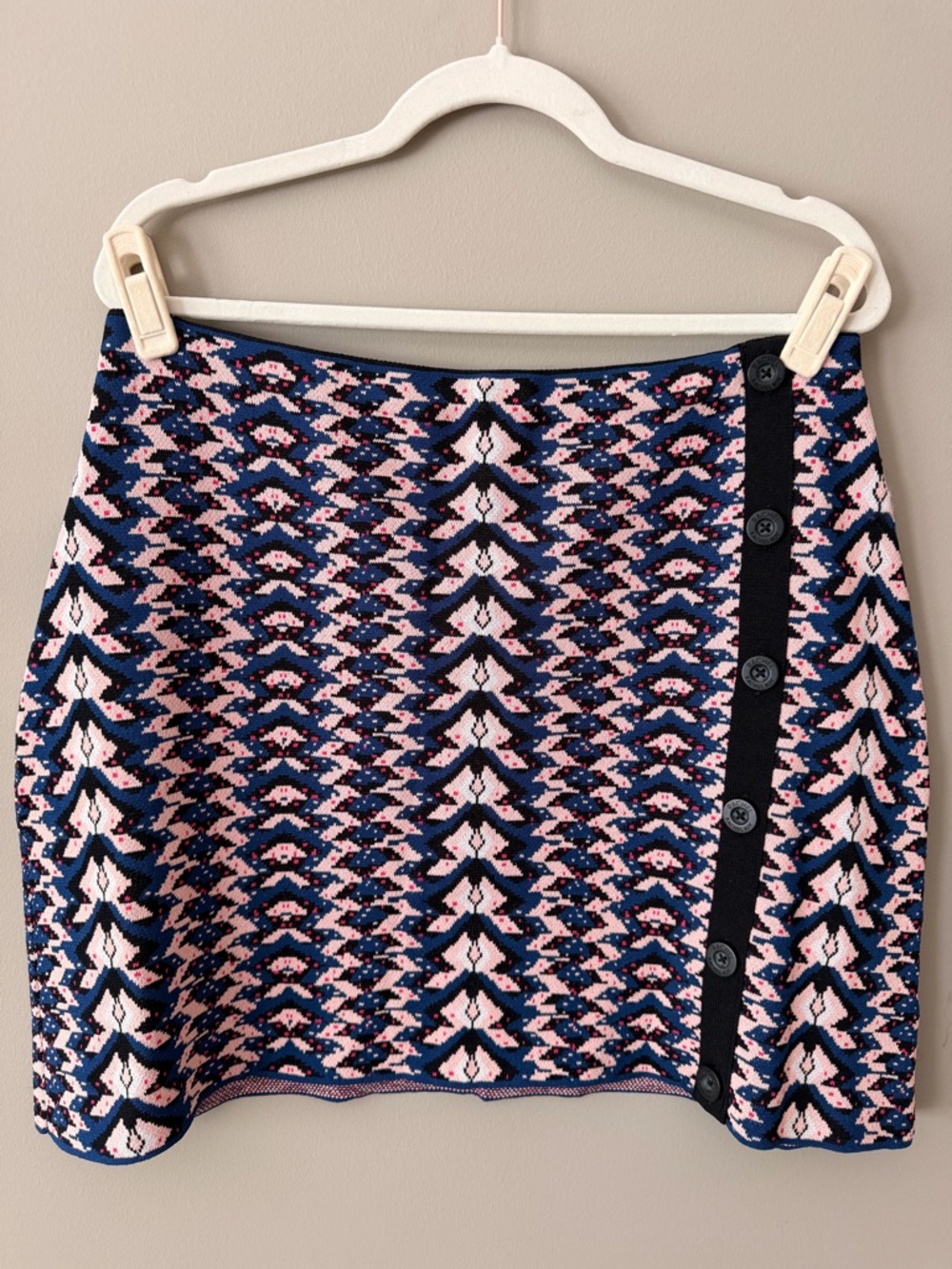 RACHEL Rachel Roy Pink and Navy Geometric Knit Mini Skirt with Side Button Panel